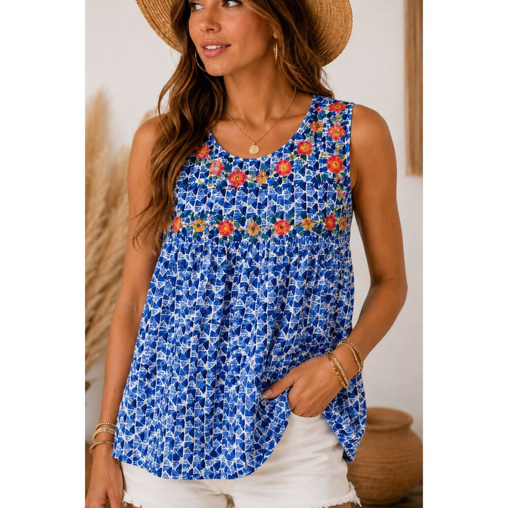 Savanna Jane Embroidered Boho Sleeveless Top Small Blue Floral Tunic